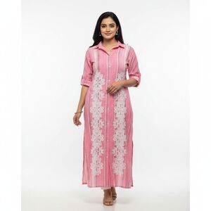 New Pink/White Khadi Kurta - Floral applique Work -Shirt Dress